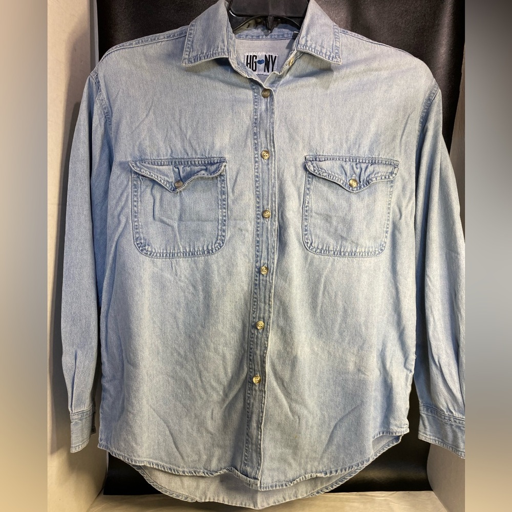 Mens HGNY Blue denim long sleeved button shirt size small